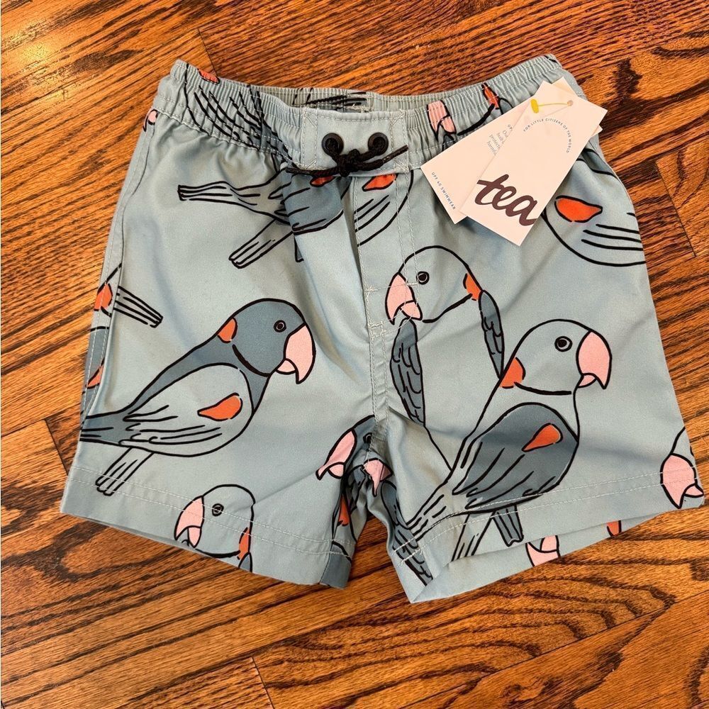 NWT New TEA COLLECTION Boys Swim Shorts Trunks Blue Gray Parrot Bird Print Sz 2